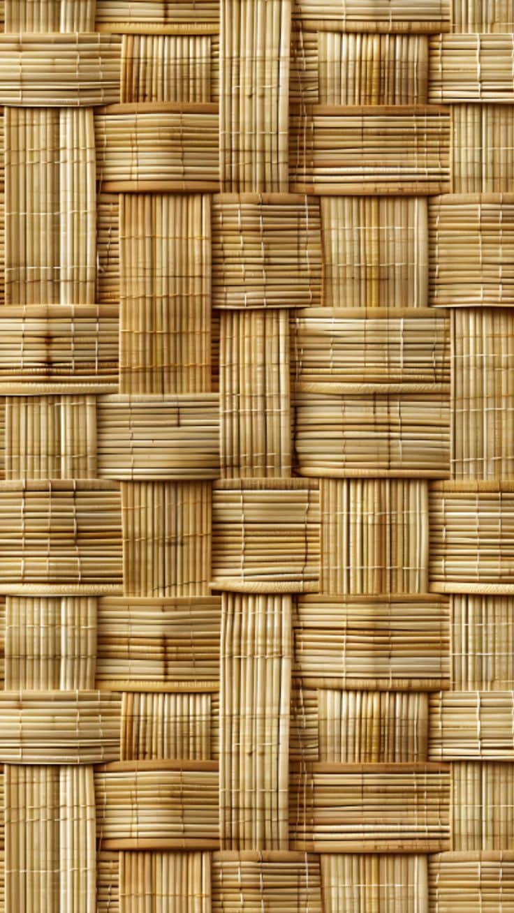 A cubic ottoman featuring a tightly woven rattan or bamboo pattern in natural light brown tones, app… — 3D model