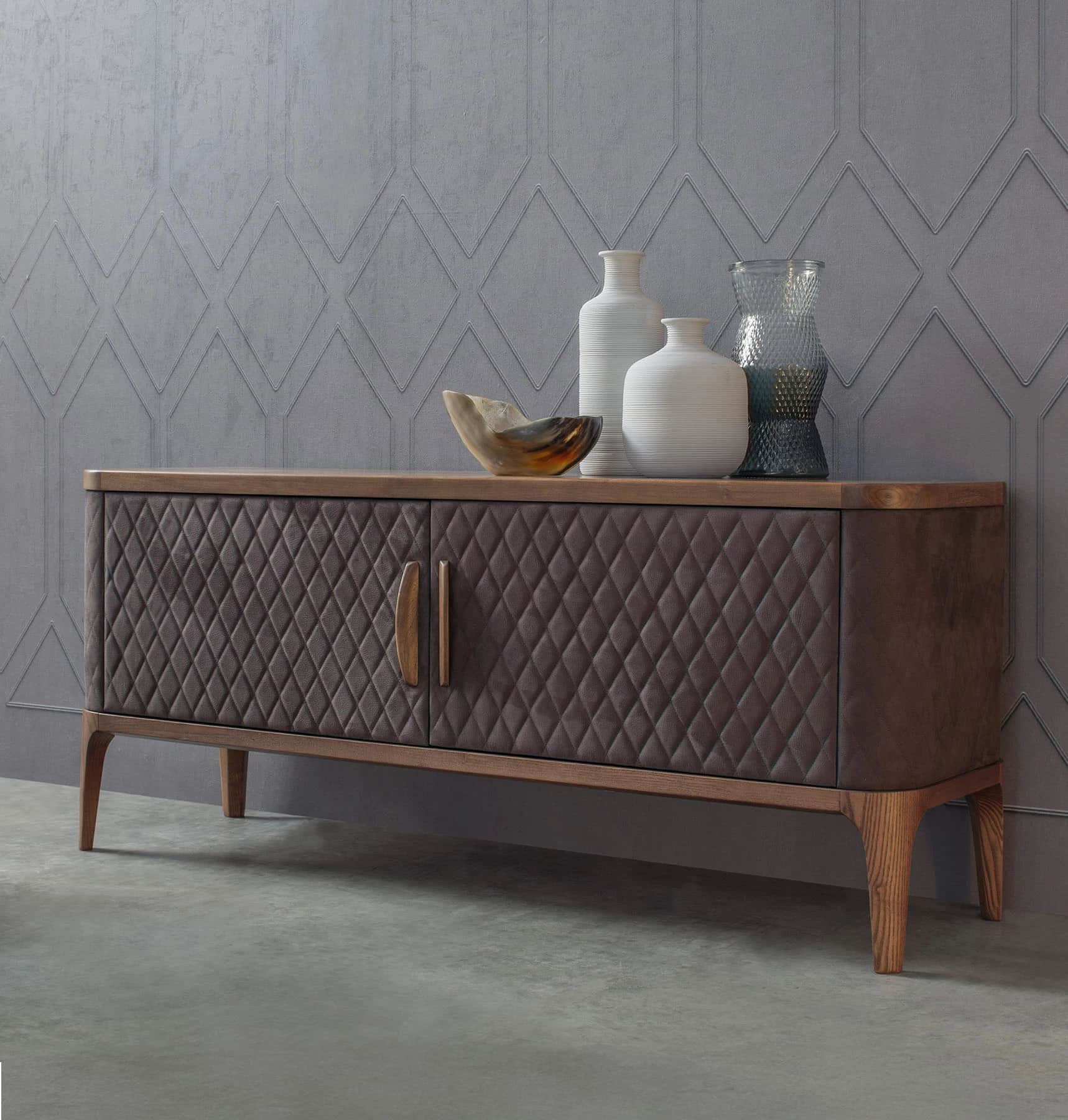 An elongated, low-profile media console featuring a rectangular wooden top with rounded corners. The… — 3D model