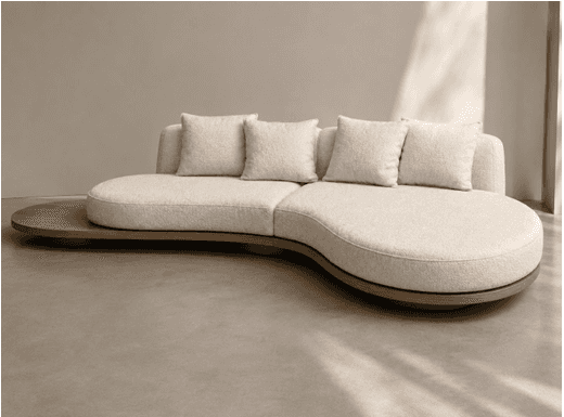 An overhead view of a contemporary, asymmetrical sectional sofa featuring a curved seating arrangeme… — 3D model