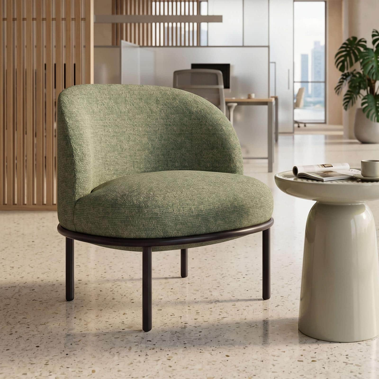 An upholstered armchair with a rounded seat and an integrated, curved backrest, supported by a minim… — free OBJ 3D model