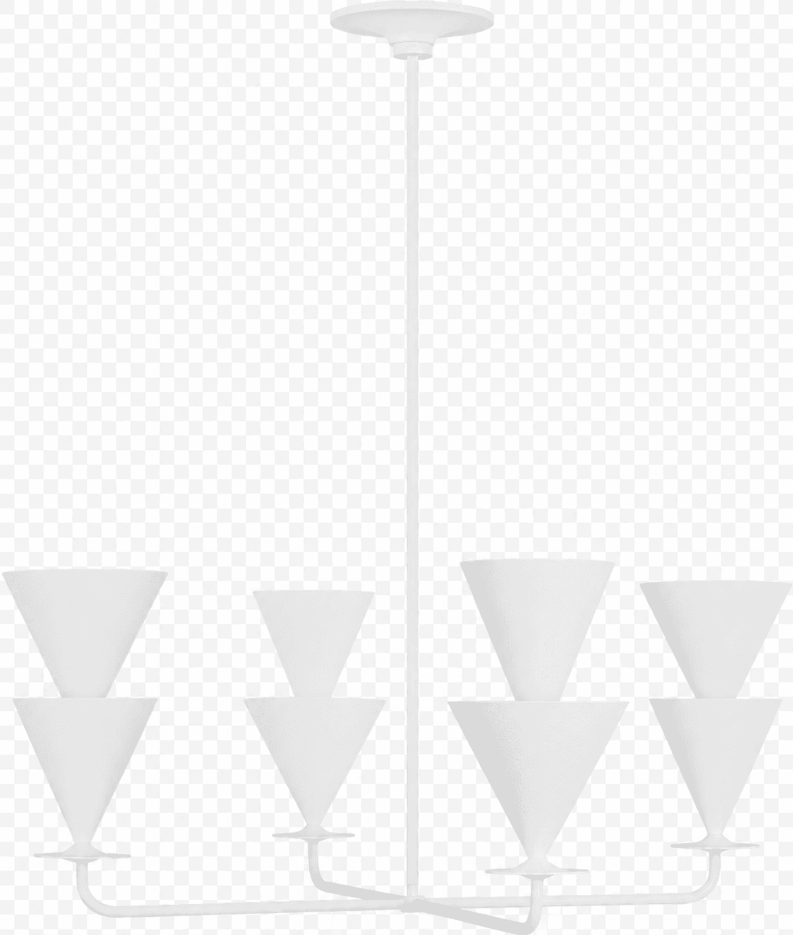 A white, multi-arm chandelier with a central stem and a canopy. It features eight conical light shad… — 3D model