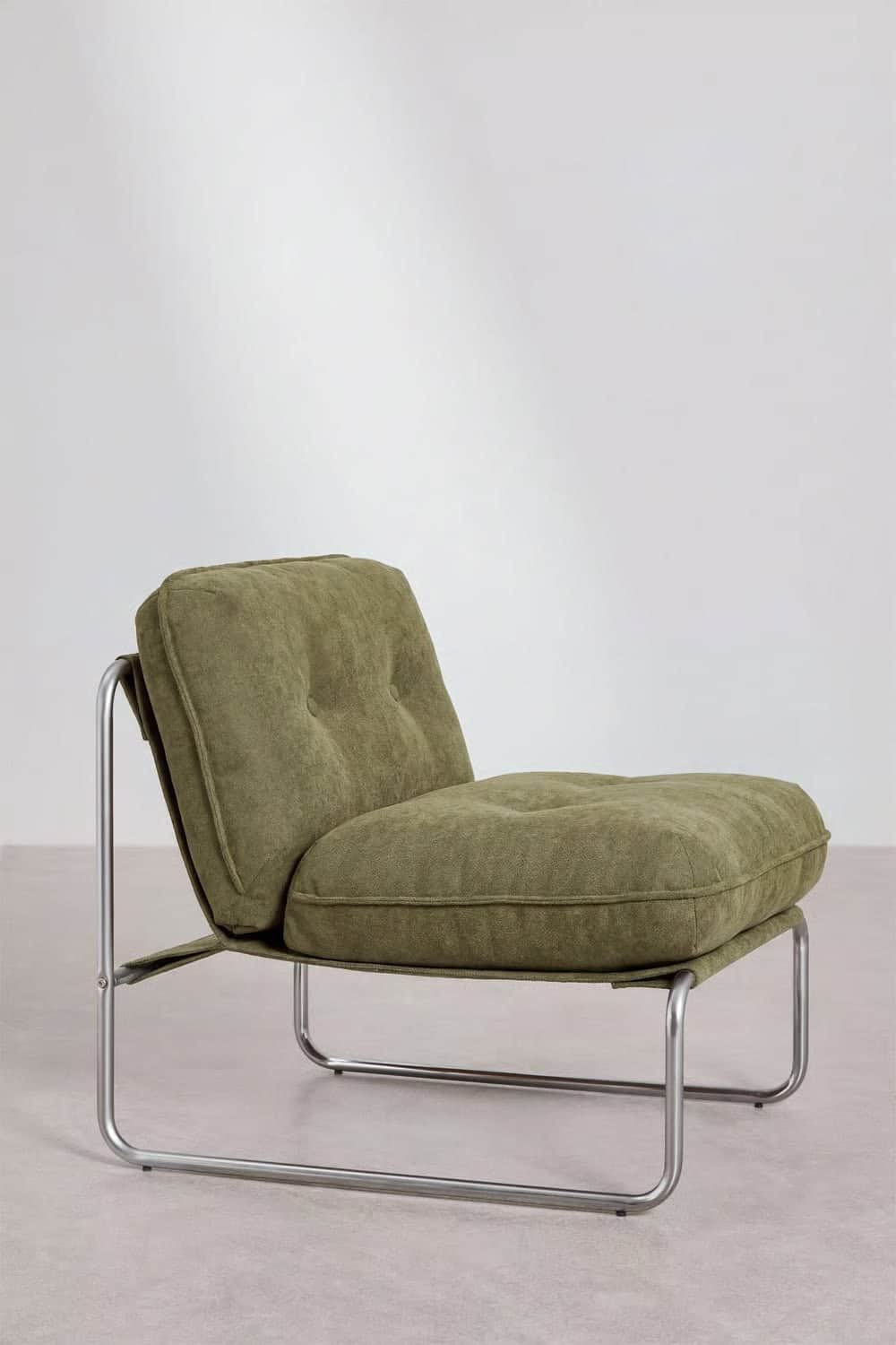 A low-slung modern lounge chair featuring a minimalist tubular metal frame and plush olive-green uph… — 3D model