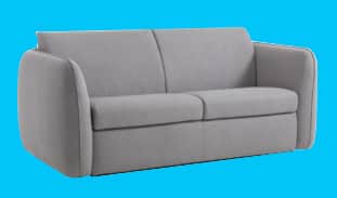 A two-seater sofa with a light grey fabric upholstery. It features rounded armrests that flow seamle… — free GLTF 3D model