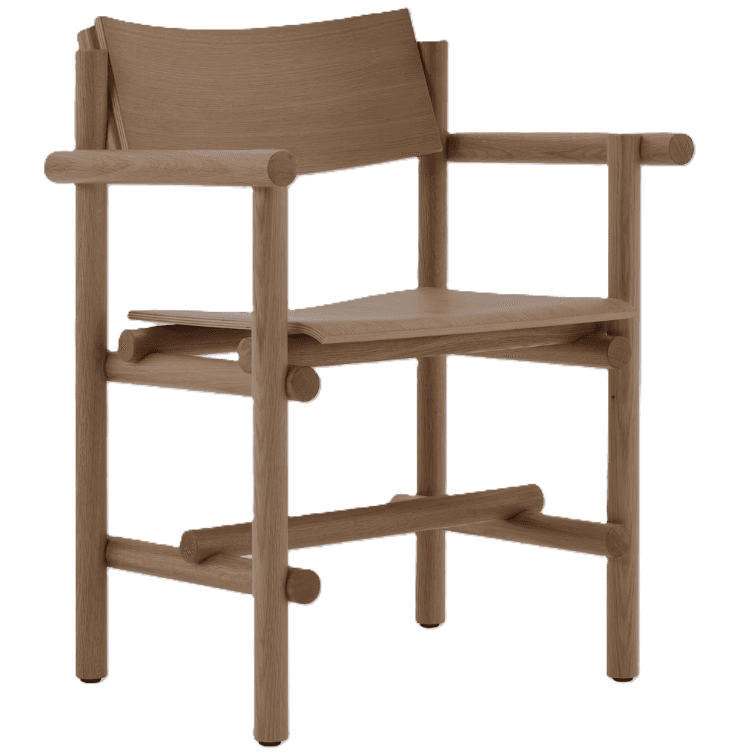 A wooden armchair with a minimalist design, featuring a slatted seat and backrest, and cylindrical a… — 3D model