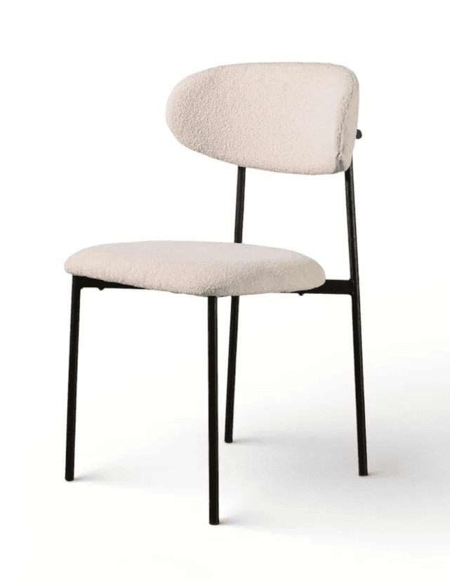 A modern side chair featuring a cream-colored, textured bouclé upholstery on its seat and backrest,… — 3D model