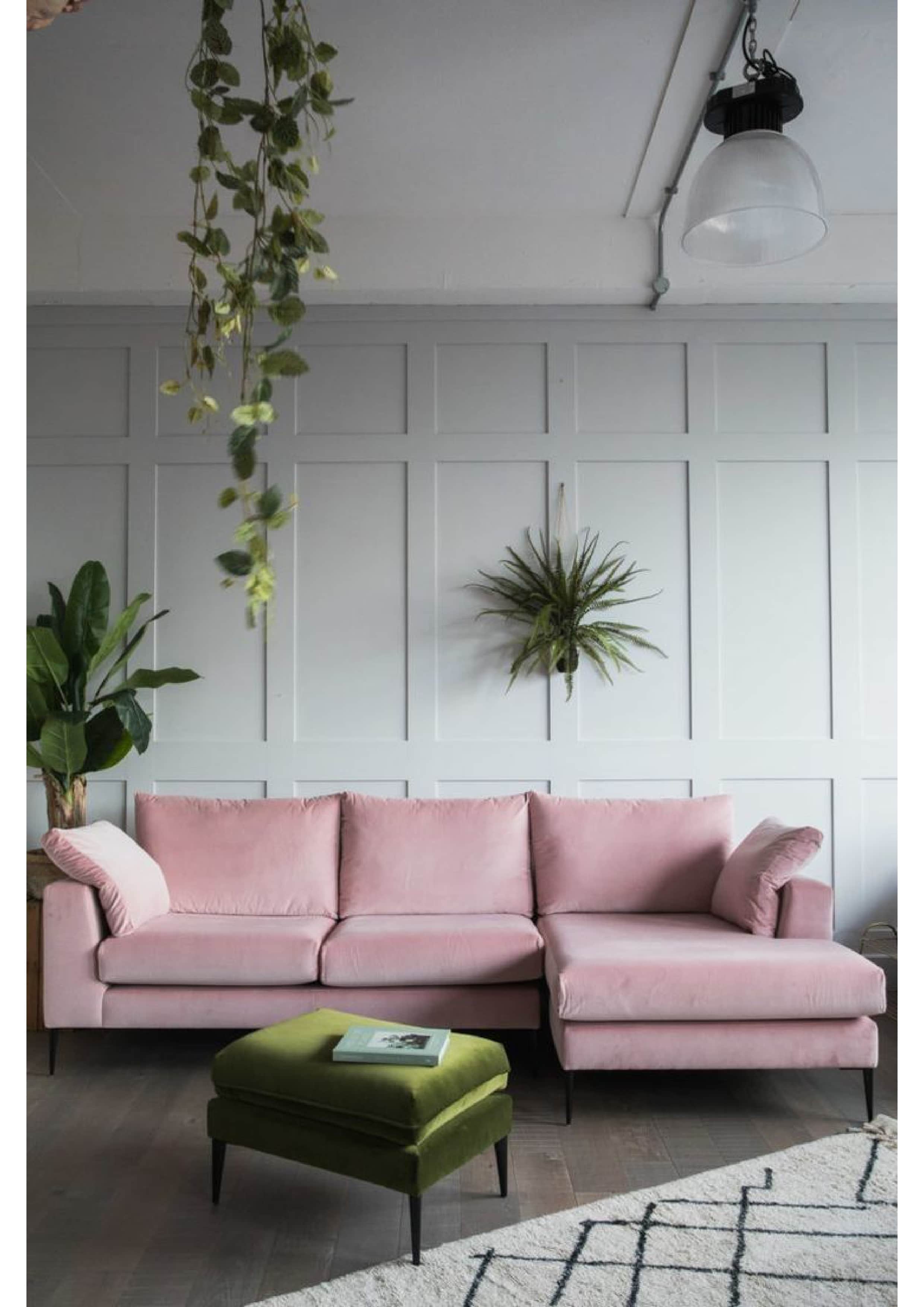 A modern L-shaped sectional sofa upholstered in pink velvet, featuring a chaise lounge extension, lo… — 3D model