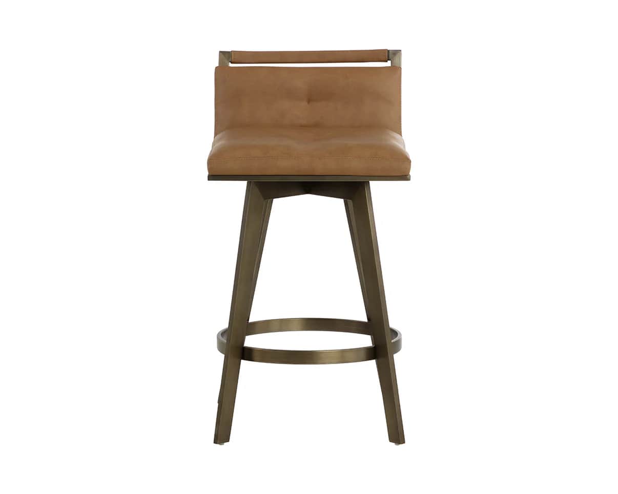 A brown leather bar stool with a metal base. The seat and back are upholstered in brown leather. The… — 3D model