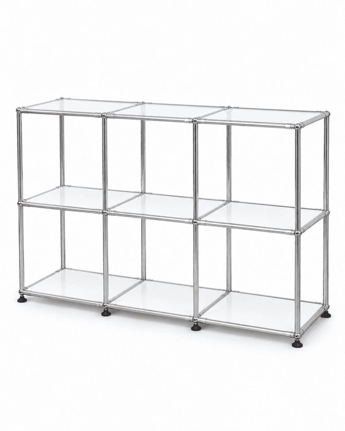 A contemporary modular shelving unit featuring a chrome-plated tubular steel frame and clear glass s… — 3D model