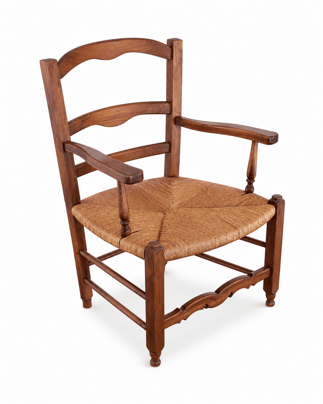 A rustic wooden armchair featuring a dark-stained solid wood frame and a tightly woven natural rush… — 3D model