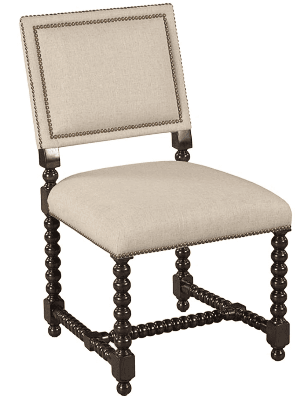 A dark wood accent chair with a fabric upholstered seat and back. The chair features turned legs and… — 3D model