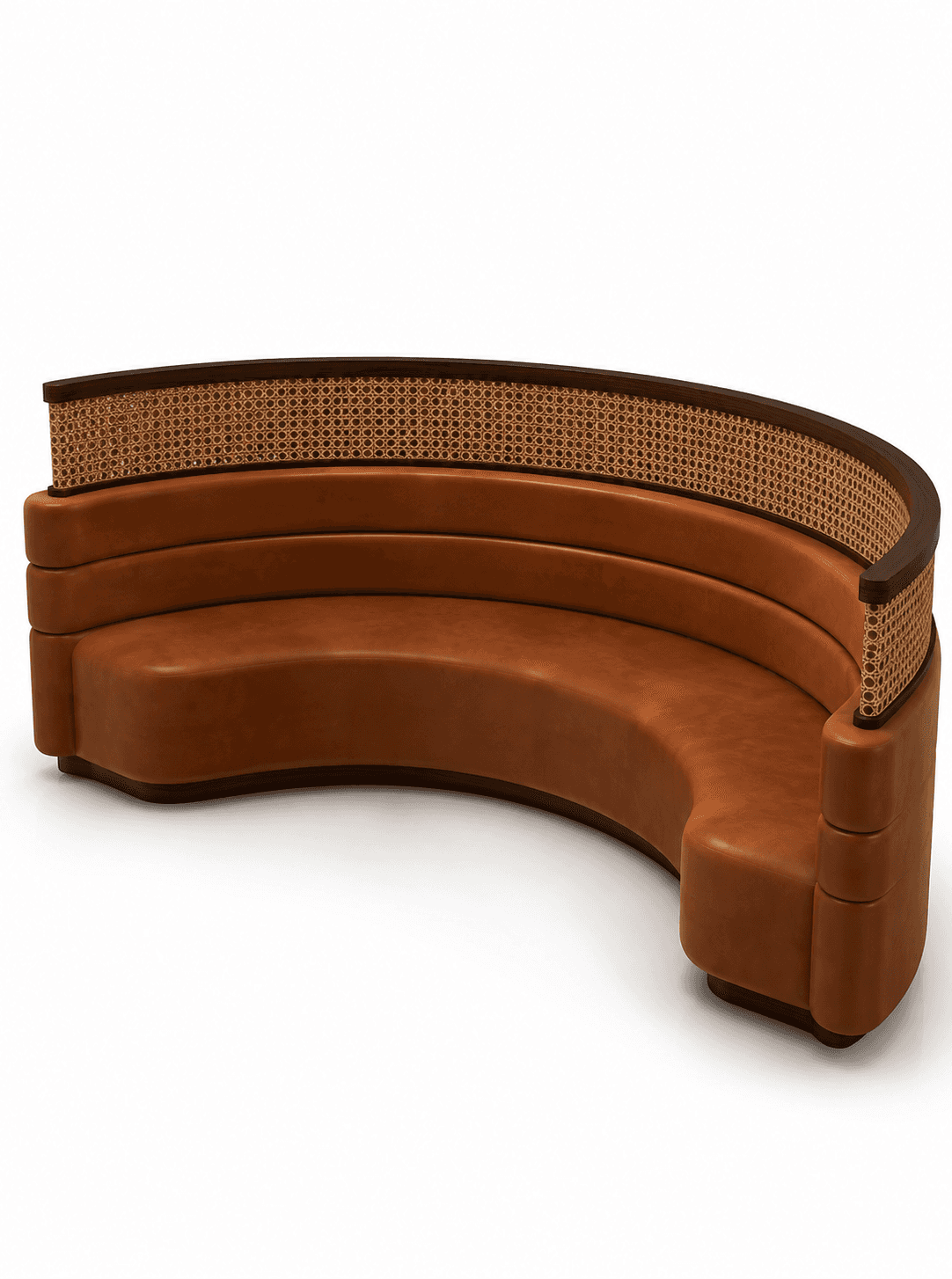 A semi-circular banquette sofa upholstered in cognac-colored leather or faux leather, featuring hori… — 3D model