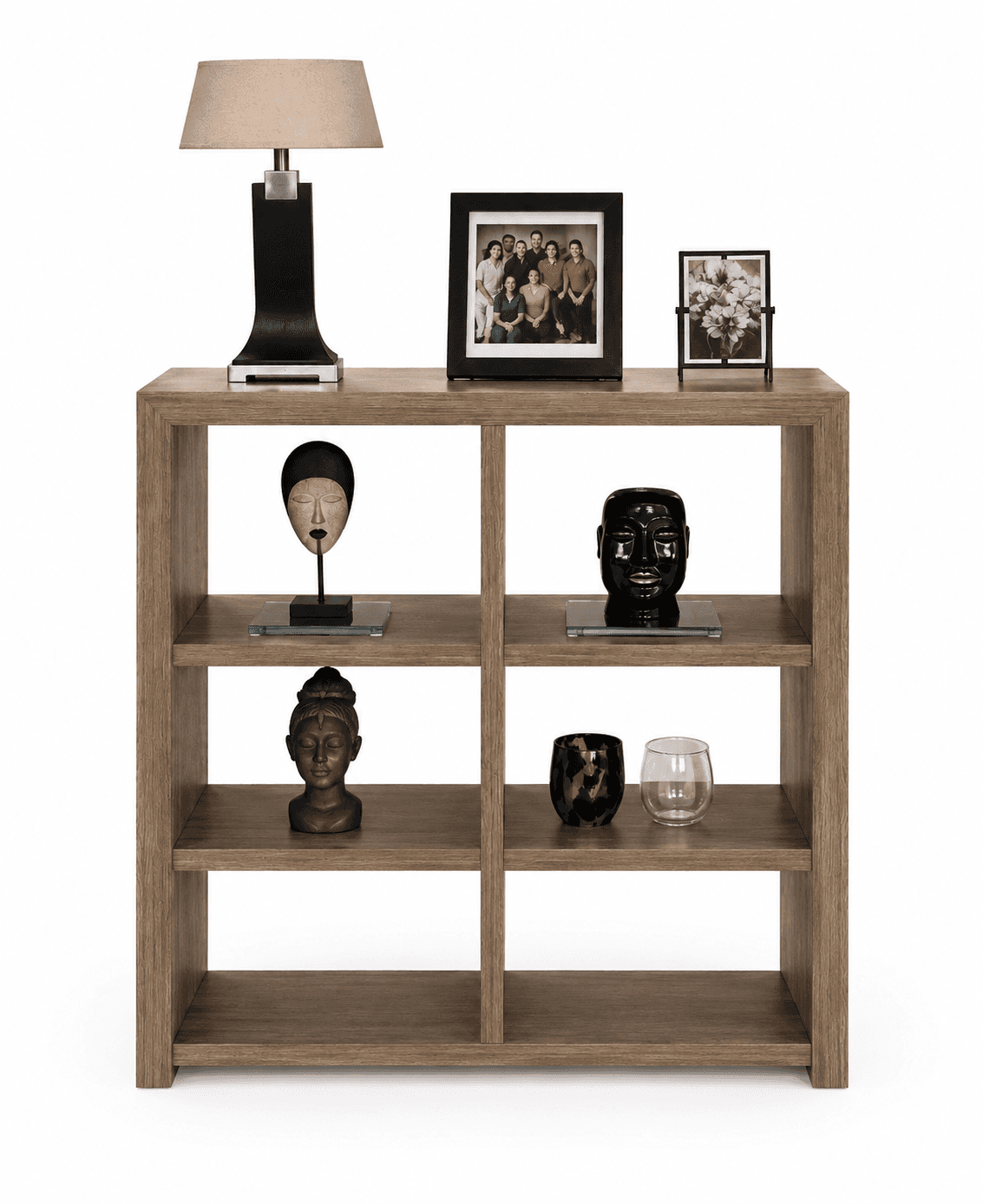 A freestanding, six-compartment cube storage unit featuring a medium brown wood-look finish. The uni… — 3D model