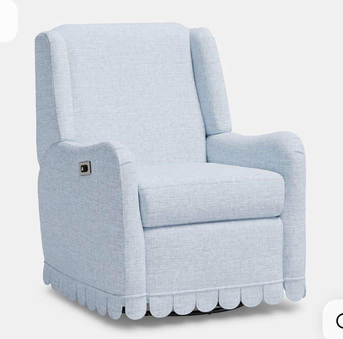 A light blue upholstered recliner featuring a distinctive scalloped skirt around its base and integr… — 3D model