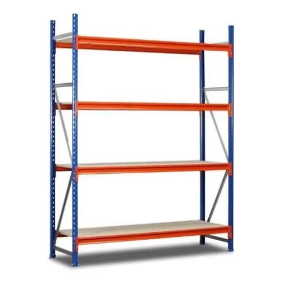 A four-tier heavy-duty metal shelving unit featuring a frame constructed from blue uprights and oran… — 3D model
