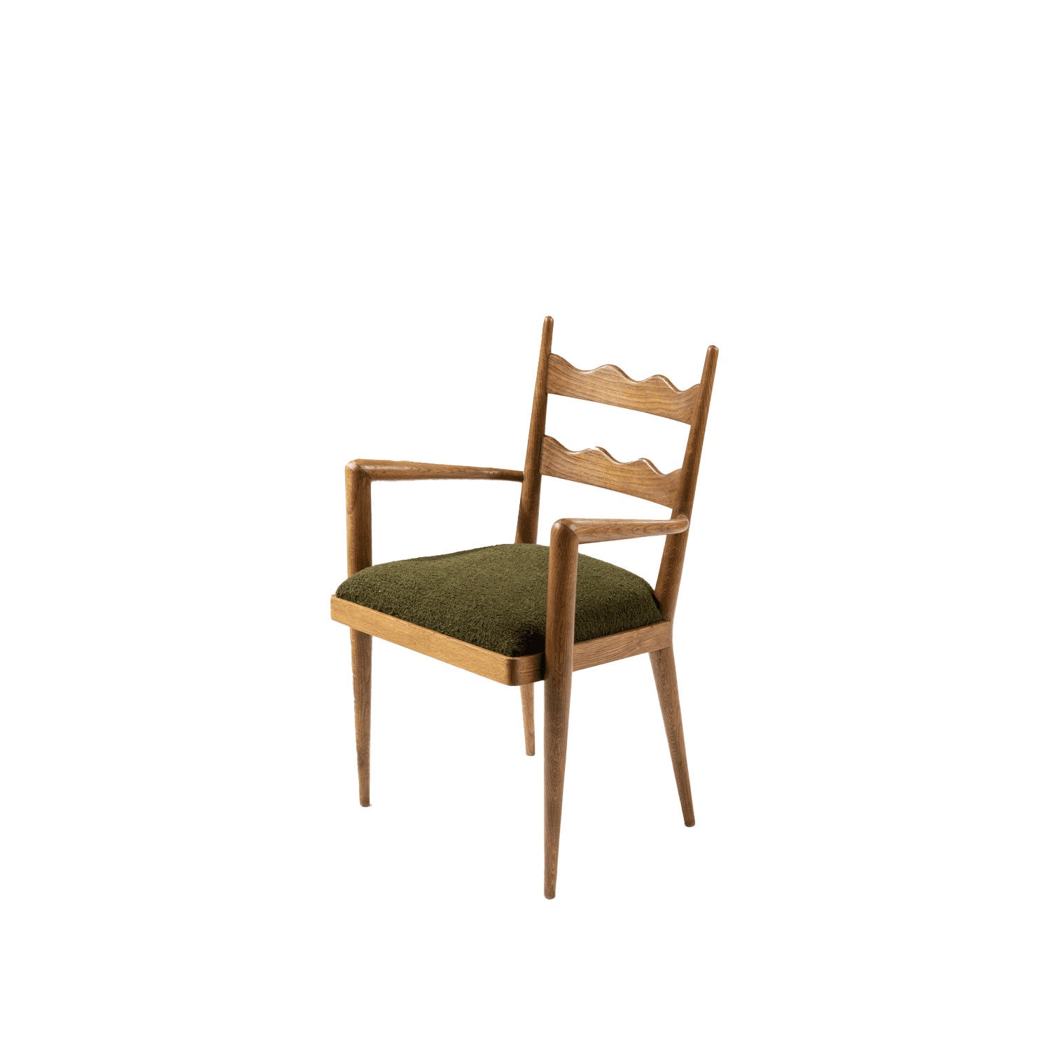 A wooden armchair with a green upholstered seat and a distinctive scalloped backrest. The chair feat… — 3D model