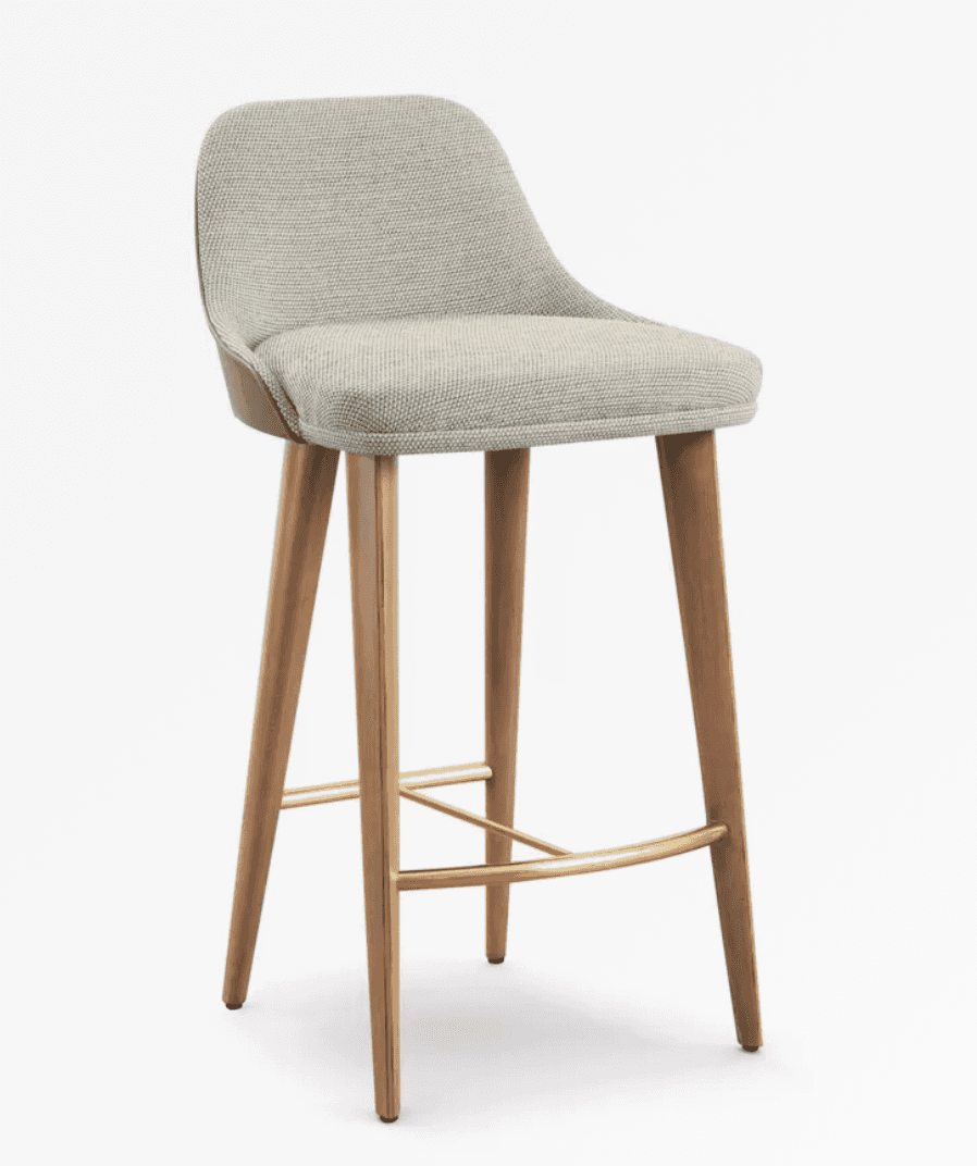A contemporary bar stool featuring a light grey upholstered seat and low back, supported by four tap… — free SKP 3D model