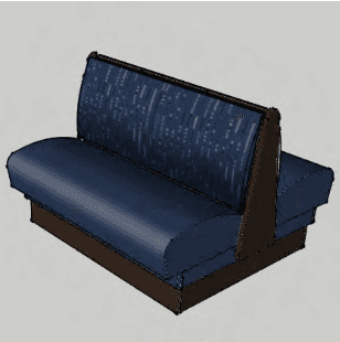 A double-sided restaurant booth with dark blue upholstered seats and a patterned blue fabric backres… — 3D model