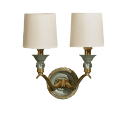 A traditional two-light wall sconce featuring a light green and gold ornate backplate, curved brass… — free GLB 3D model