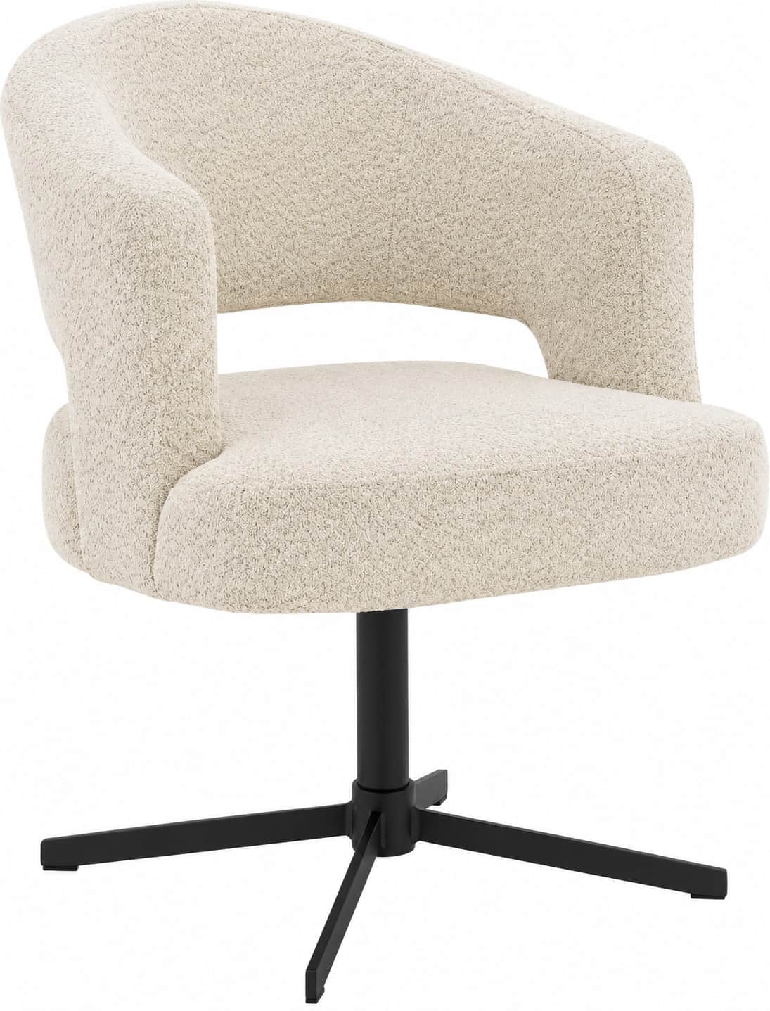A contemporary barrel-shaped armchair upholstered in a cream boucle fabric, featuring a black metal… — 3D model