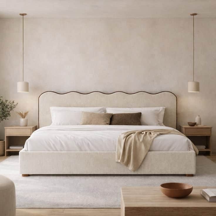 An upholstered platform bed featuring a distinctive scalloped headboard and exposed wooden trim. The… — free GLTF 3D model