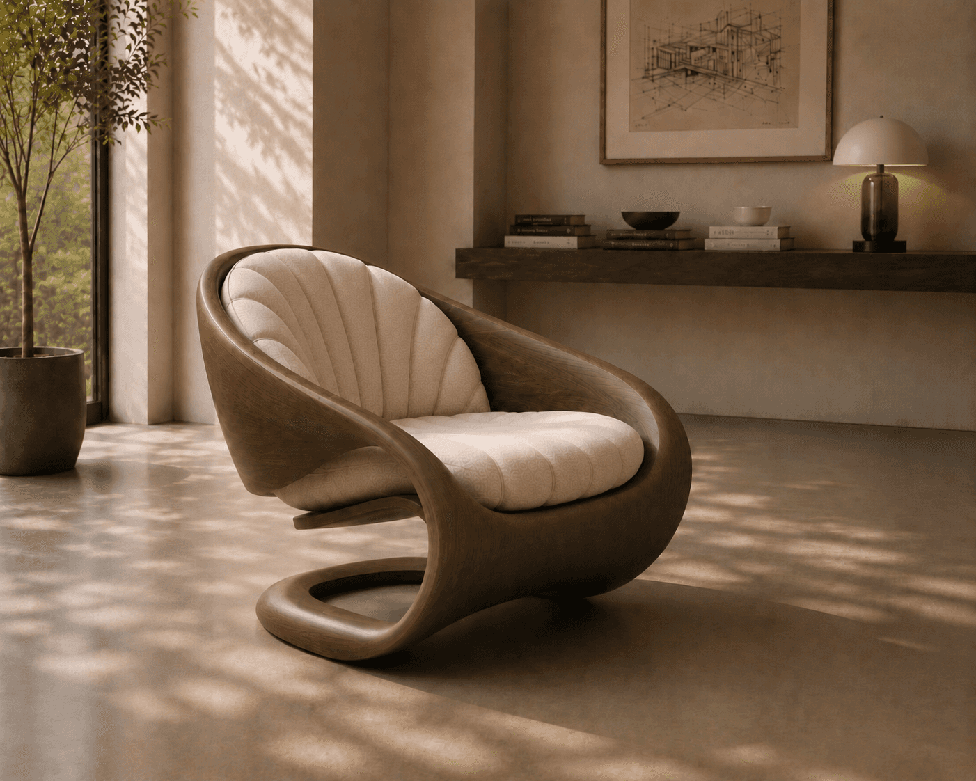 A striking organic modern lounge chair featuring a continuous, curved bentwood frame in a rich, dark… — free OBJ 3D model