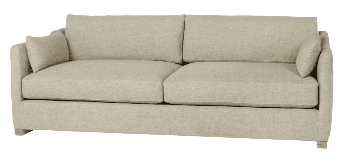 A contemporary two-seater sofa upholstered in a light beige, subtly textured fabric. It features a t… — 3D model