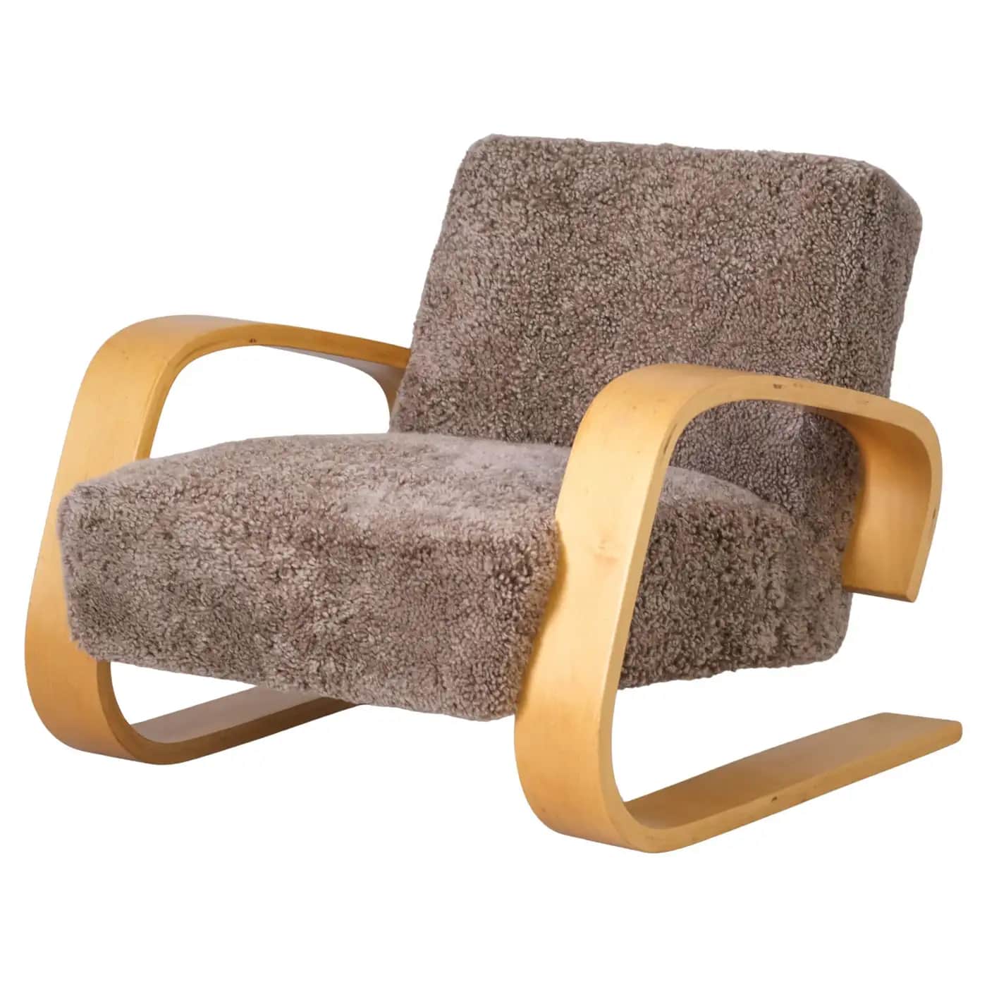 A Scandinavian Modern style lounge chair featuring a light-toned bent plywood frame and plush, shagg… — 3D model