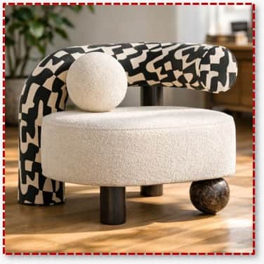 A contemporary sculptural lounge chair featuring a round, thick seat upholstered in cream bouclé fab… — free OBJ 3D model