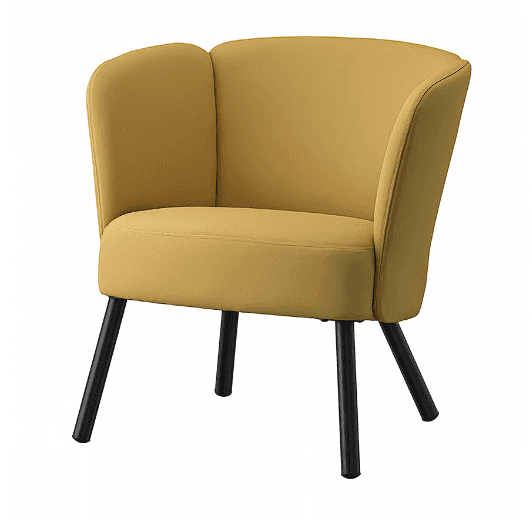 A mustard yellow upholstered accent chair with a distinctive scalloped backrest and black, splayed m… — 3D model