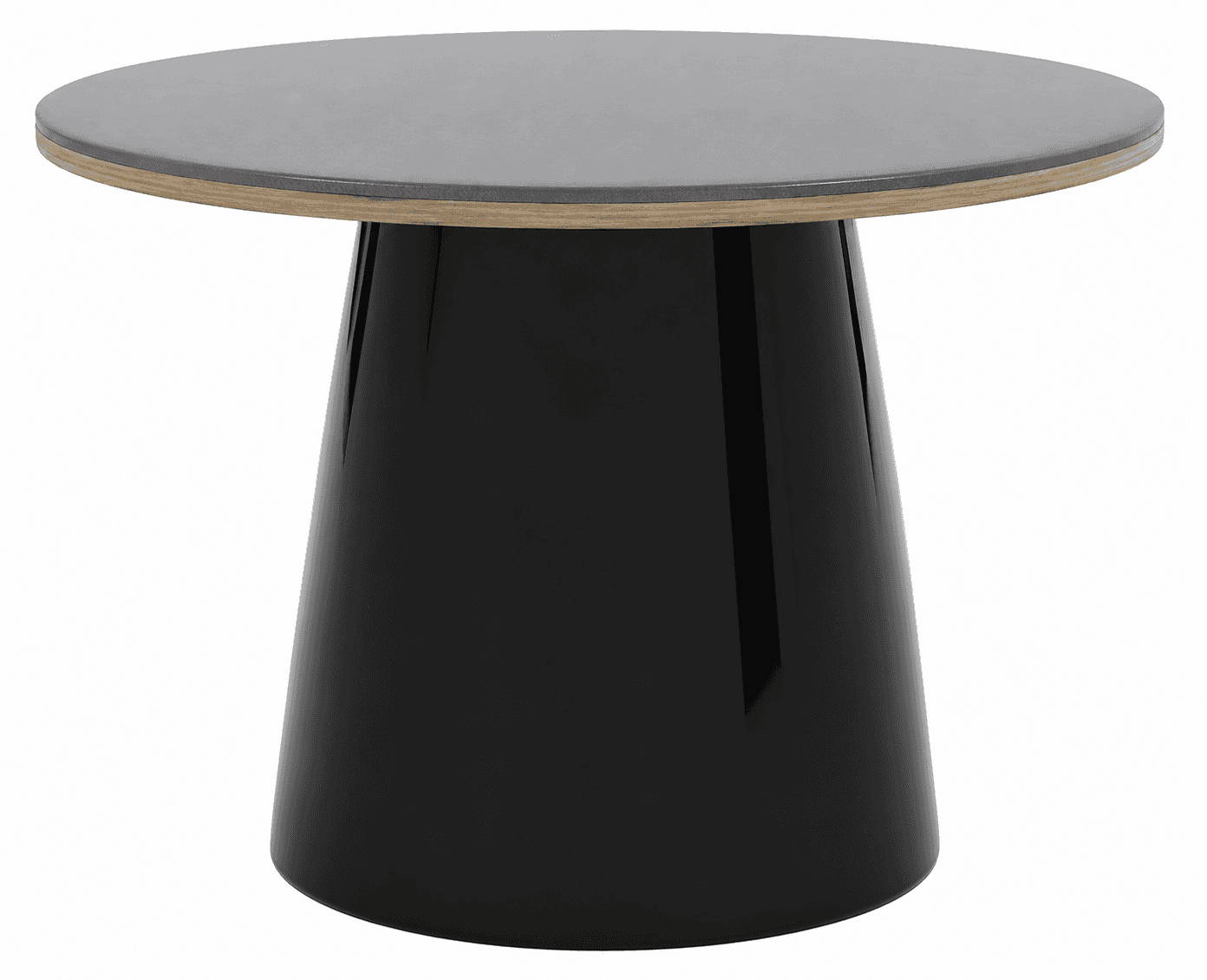 A contemporary round accent table featuring a dark grey matte tabletop with a visible natural wood e… — 3D model