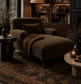 An olive green corduroy upholstered chaise lounge featuring a single armrest on the left side, an el… — free STL 3D model