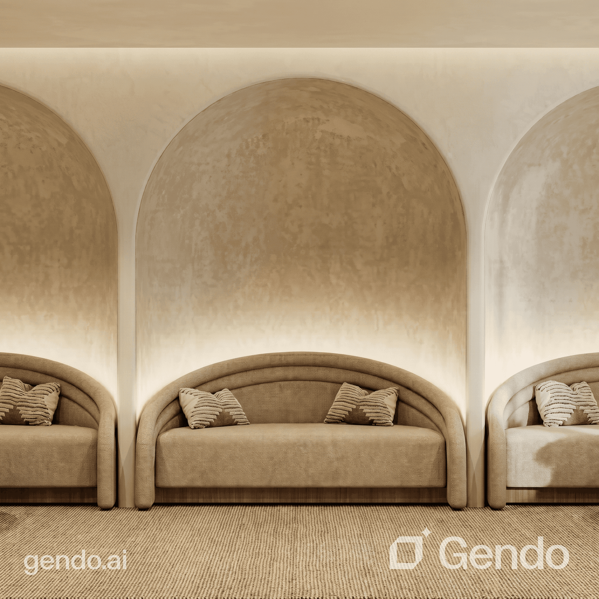 A modern, upholstered sofa integrated within an arched structure, featuring a curved backrest and tw… — 3D model
