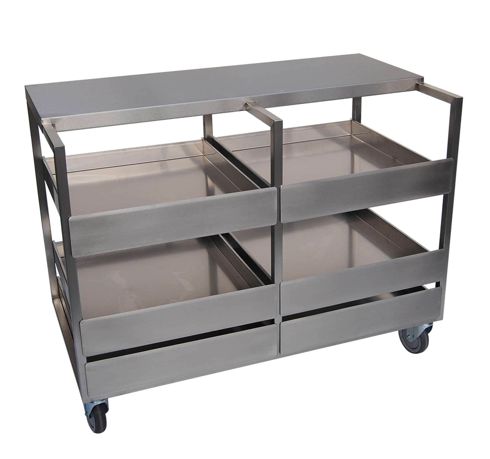 A robust, multi-tiered utility cart constructed from brushed stainless steel, featuring two open she… — 3D model