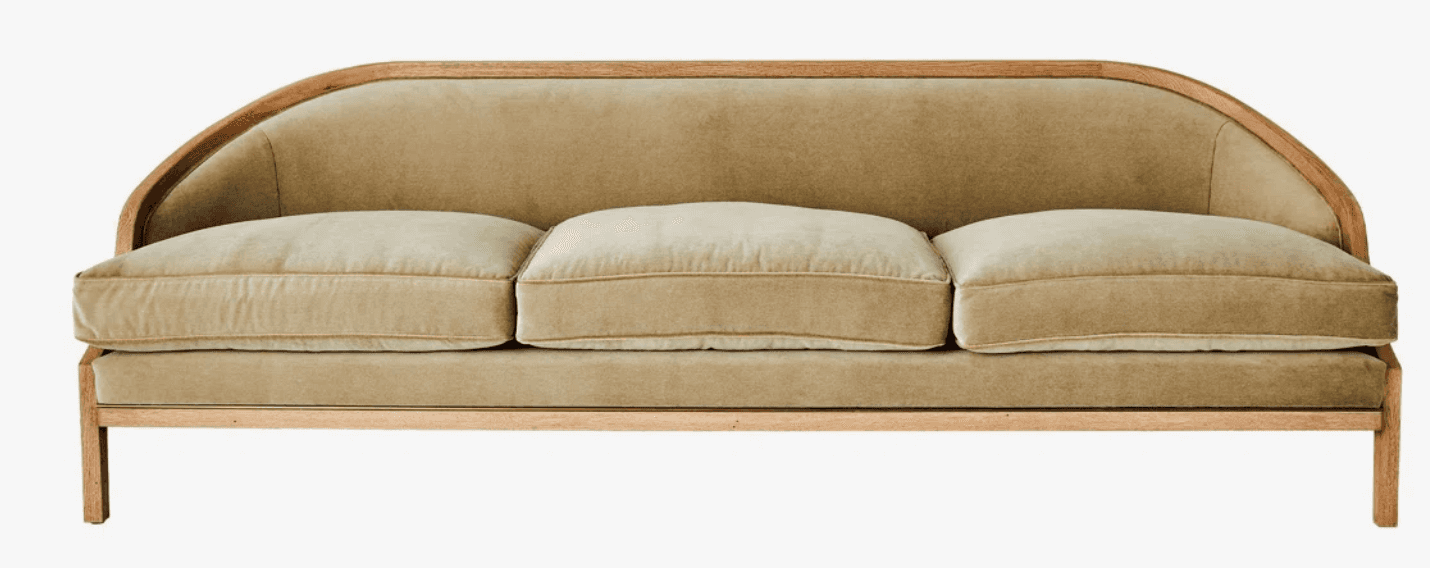 A three-seater sofa featuring a distinctive curved oak wood frame and upholstered in a light beige v… — 3D model