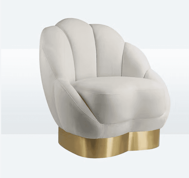 An upholstered accent chair featuring a scalloped, shell-like backrest and a polished gold-toned met… — 3D model