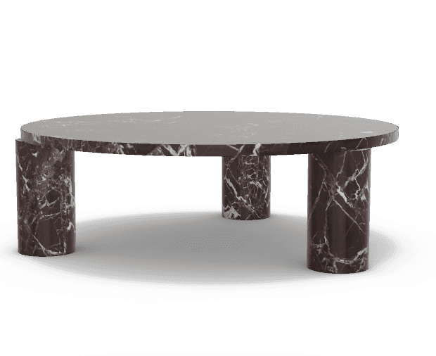 A circular coffee table with a dark marble top and four cylindrical legs made of the same material.… — 3D model