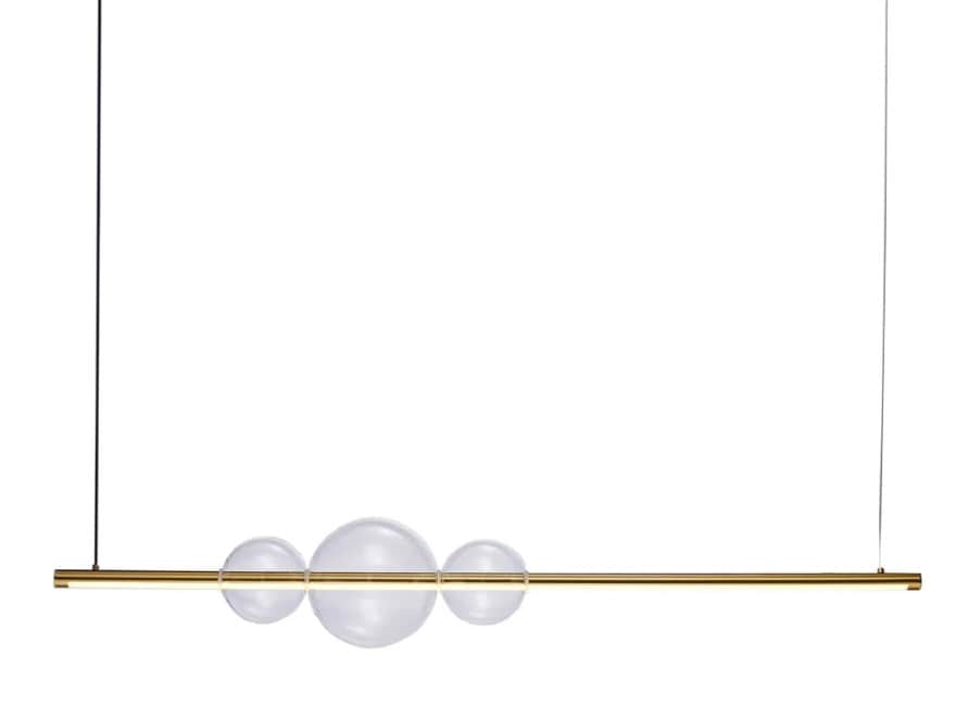 A modern linear pendant light featuring a horizontal brass-finished metal bar with an integrated LED… — 3D model