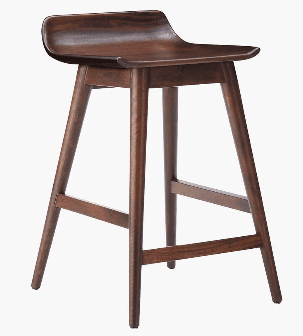 A dark brown wooden bar stool featuring a sculpted saddle-style seat and tapered legs with integrate… — 3D model