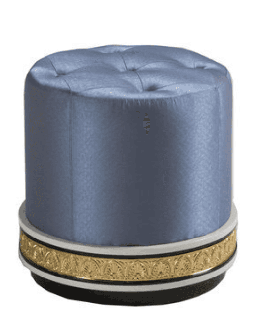 A cylindrical ottoman featuring blue, satin-like tufted upholstery on top and sides. The base is acc… — 3D model