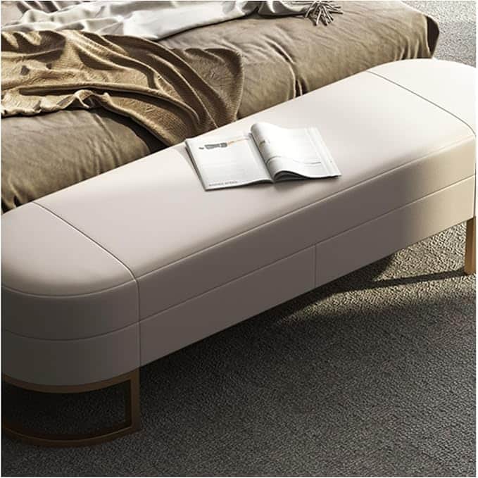 A contemporary upholstered bench featuring an off-white cushioned top with rounded ends and supporte… — 3D model