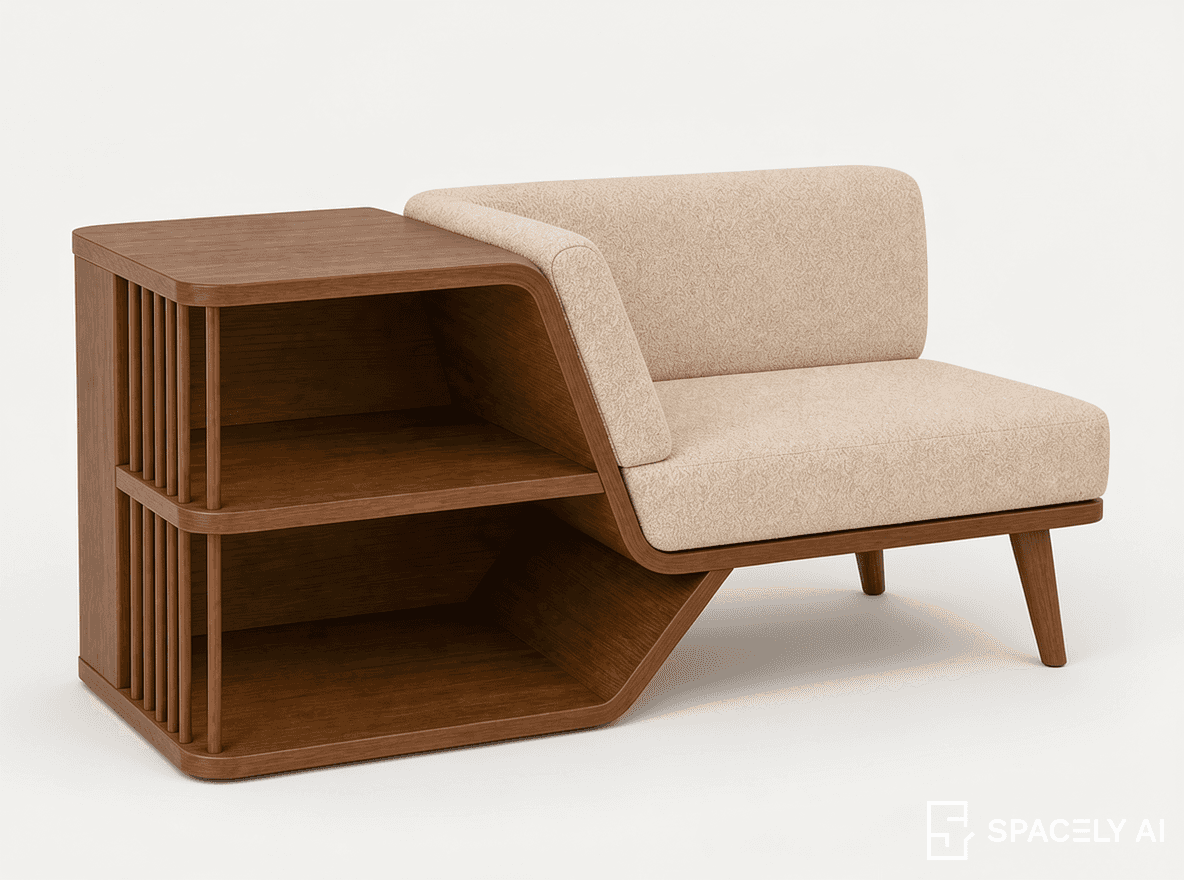 A modern, integrated furniture piece combining an upholstered lounge chair with a wooden shelving un… — free OBJ 3D model