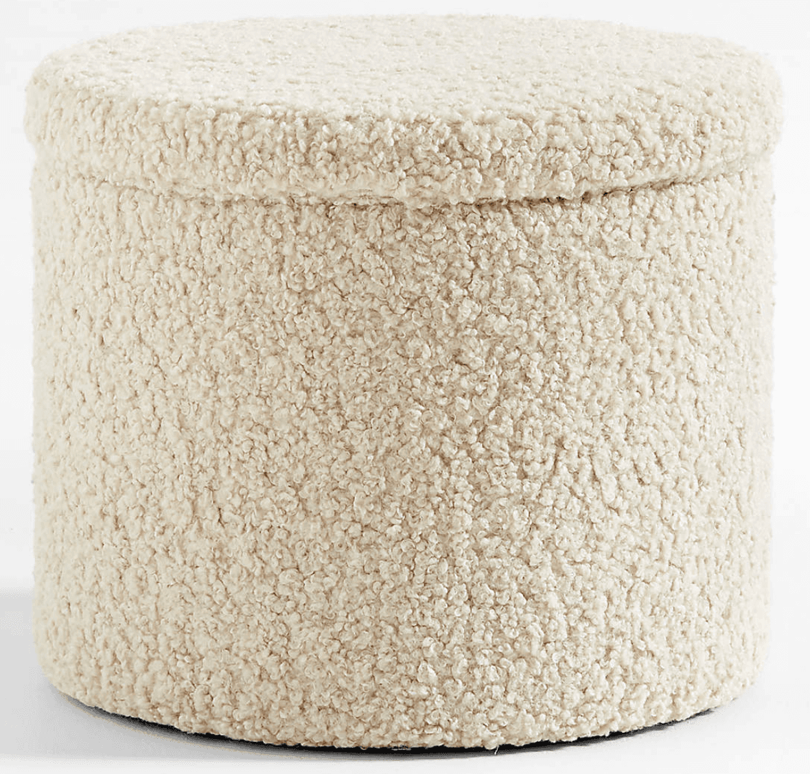 A round, cylindrical storage ottoman upholstered in a textured, off-white boucle fabric. It features… — 3D model