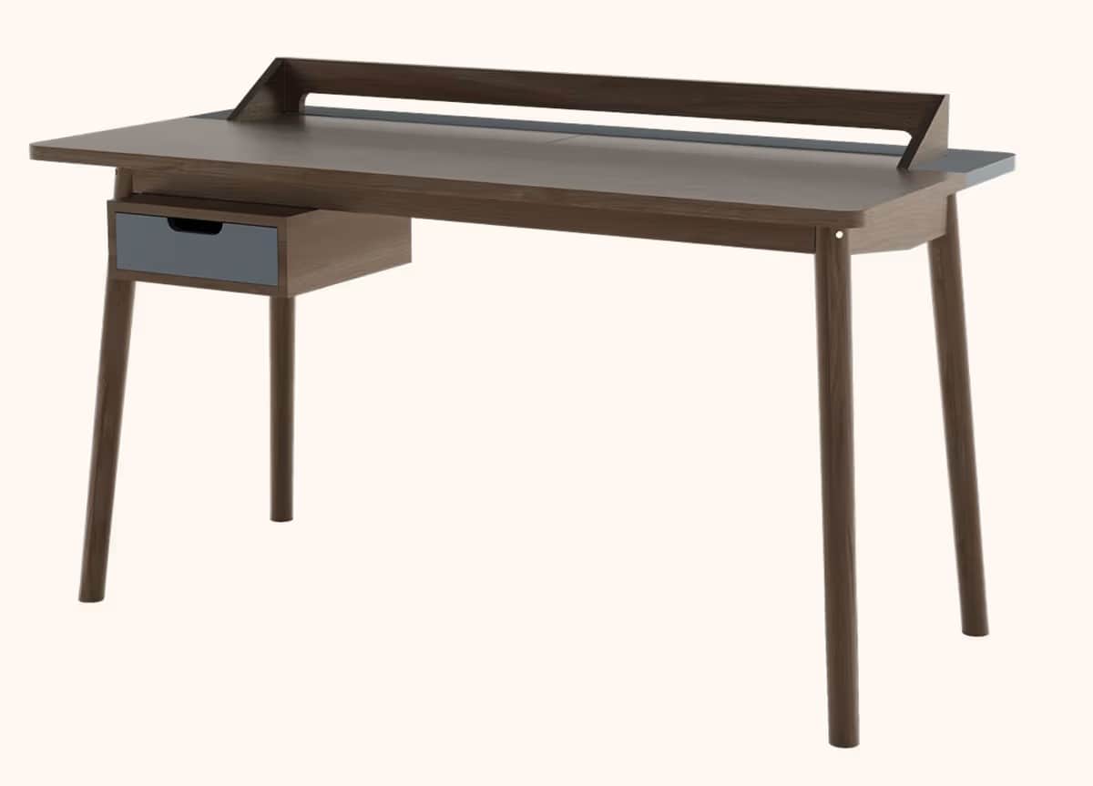 A contemporary wooden desk featuring a dark brown finish with subtle gray accents. It has a rectangu… — 3D model