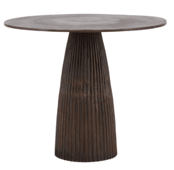 A dark brown side table with a round, thin tabletop and a uniquely shaped pedestal base. The base is… — 3D model