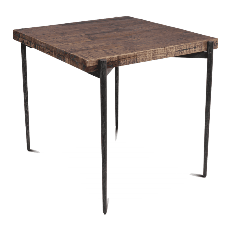 A square-top side table featuring a distressed wood surface and slender, angled metal legs. The tabl… — 3D model