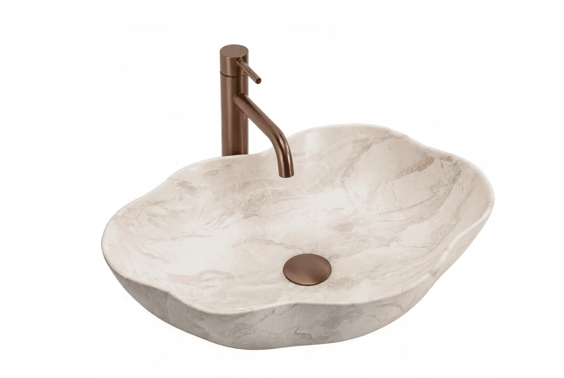 A vessel sink with a faucet, designed for bathroom use. The sink has an irregular, organic shape rem… — 3D model