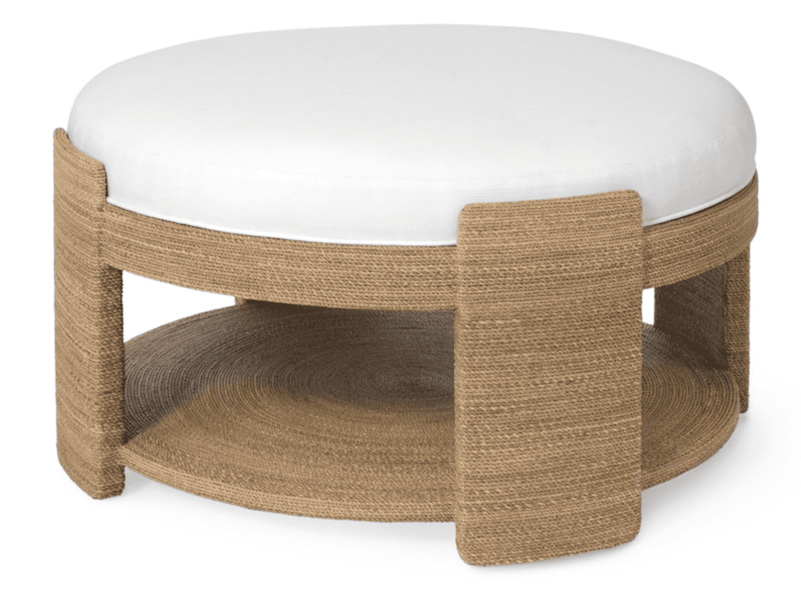 A circular ottoman featuring a natural woven jute rope base and an integrated circular lower shelf,… — 3D model