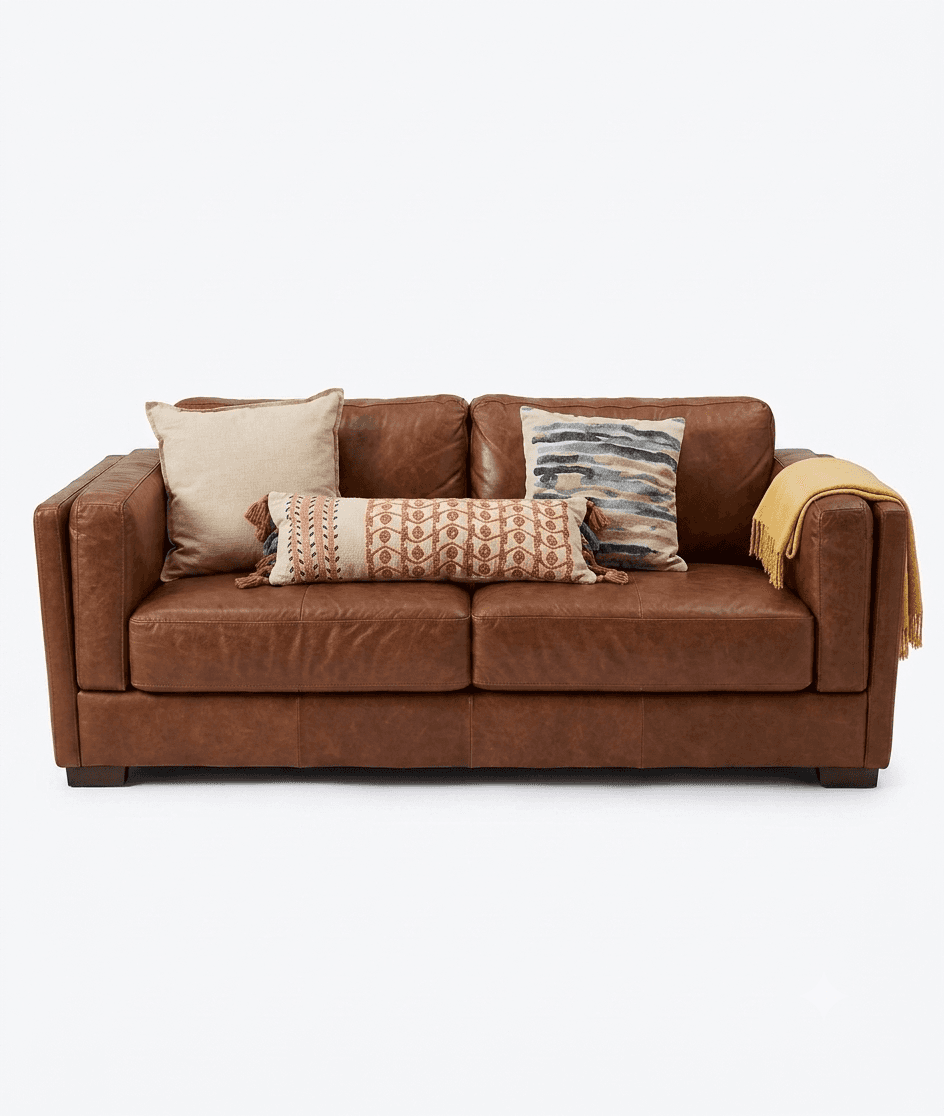 A three-seater sofa upholstered in rich, reddish-brown leather, featuring a contemporary design with… — free GLTF 3D model