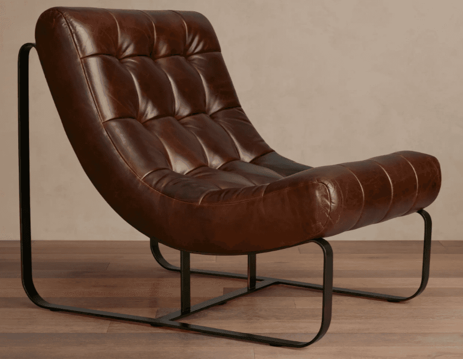 A low-profile lounge chair with a curved, tufted seat and back, upholstered in distressed brown leat… — free OBJ 3D model