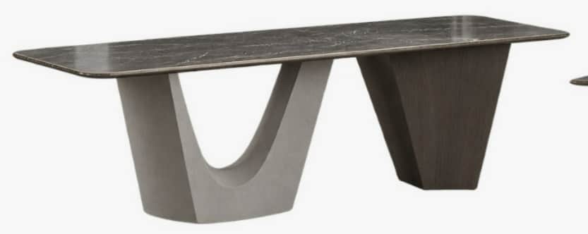 A contemporary rectangular table featuring a dark, veined marble-look tabletop with subtly rounded c… — 3D model